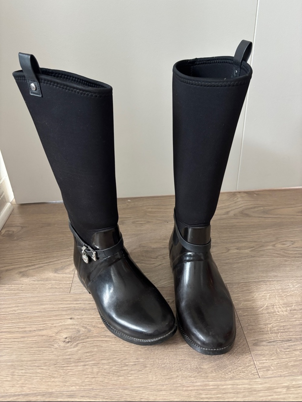 Michael Kors Black Tall Rain Boots with Buckle Detail